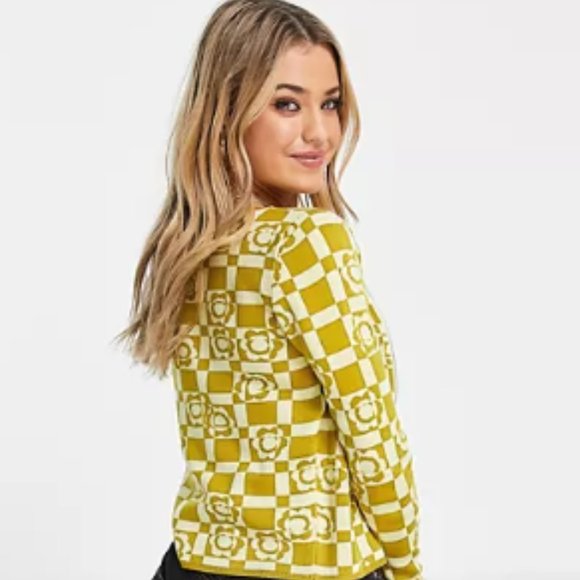 NWOT ASOS knit cardigan in yellow checkered floral print Size Small - Picture 6 of 7